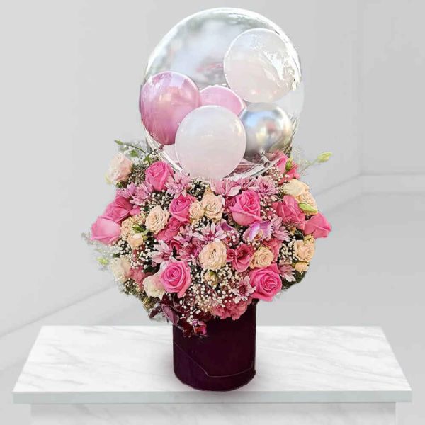 Pink Flower Box with Balloons Model Soroor