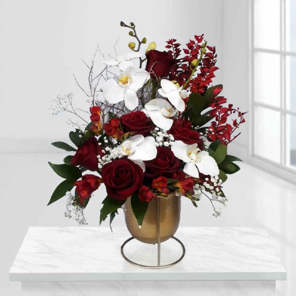 Red Rose & Orchid Flower Vase