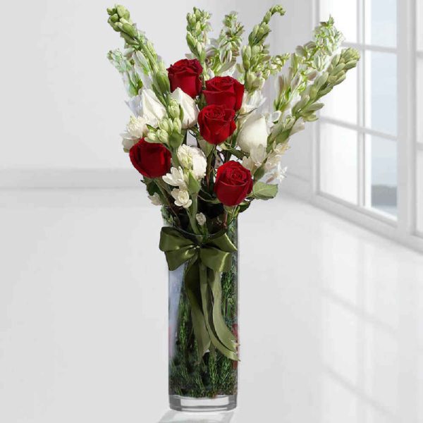 Red Rose and Marigold Flower Vase