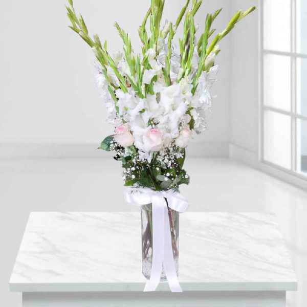 White Gladiolus and Rose Flower Vase