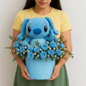 Blue Rose Gift Box with Stitch Doll – Floral Arrangement, Perfect for Birthday & Valentine’s Day