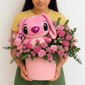 Pink Rose Bouquet Box with Stitch Doll – A Beautiful Way to Celebrate Meaningful Moment