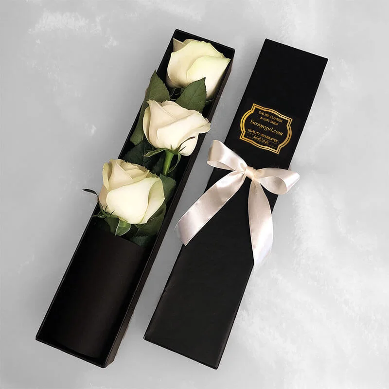Main image of White Rose Gift Box – 3 Stems in Black with Ribbon, Simple & Elegant for Formal events