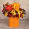 Autumn Orange Flower Box with Miniature Roses, Chrysanthemums, Chamomile, and Gerbera – Perfect for Gifting to Mothers