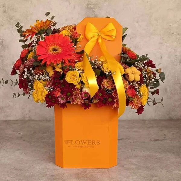 Main image of Autumn Orange Flower Box with Miniature Roses, Chrysanthemums, Chamomile, and Gerbera – Perfect for Gifting to Mothers