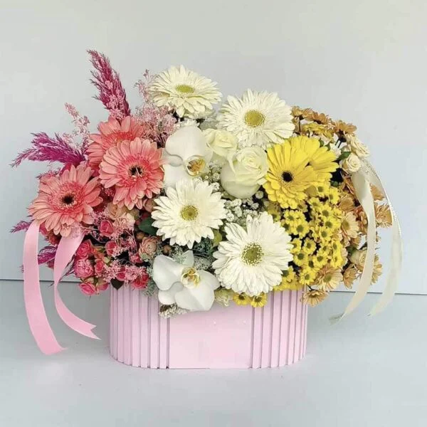 Main image of Beautiful Flower Box with Gerbera Daisies, Roses, and Miniature Flowers – A Gift of Elegance