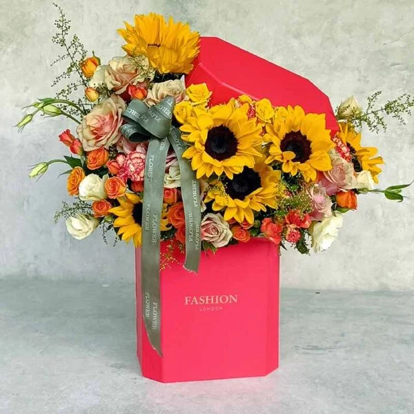 Main image of Elegant Flower Box with Sunflowers, Vintage Roses, Miniature Roses, and Lisianthus – Perfect for Special Occasions