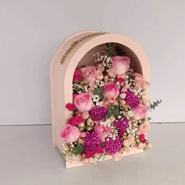 Main image of Elegant Pink Flower Box with Roses and Chrysanthemums – Ideal for Welcoming a Baby Girl