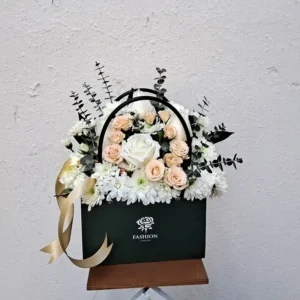 Fancy Flower Bag with White Roses, Mini Roses & Chrysanthemums