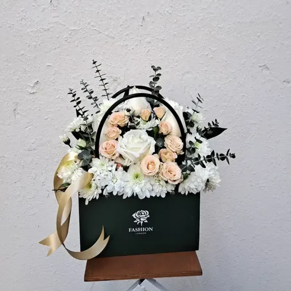 Fancy Flower Bag with White Roses, Mini Roses & Chrysanthemums