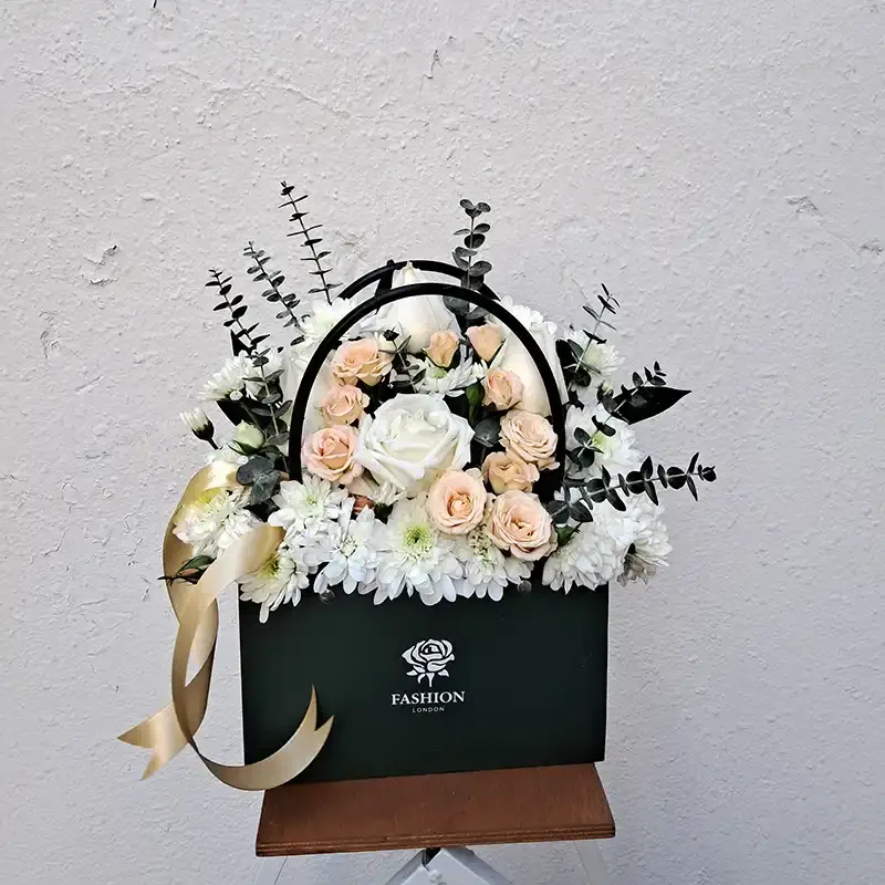 Main image of Fancy Flower Bag with White Roses, Mini Roses & Chrysanthemums