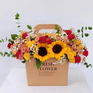 Flower Bag Arrangement – Sunflowers, Mini Roses, Seasonal Blooms & Eucalyptus, Perfect for Surprising Loved Ones