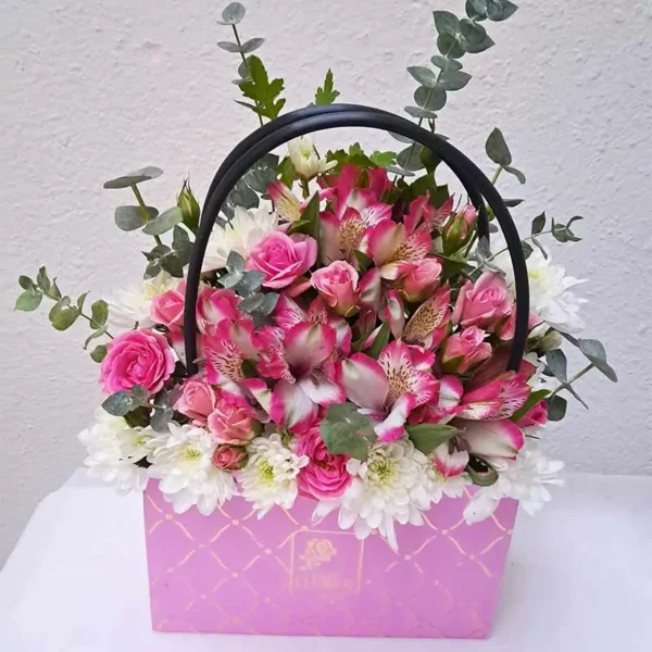 Main image of Mother's Day Floral Gift Box – Luxurious Arrangement with Pink Roses, Alstroemeria, Chrysanthemums in a Beautiful Pink Box