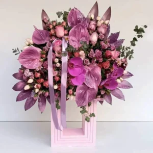 Super Luxury Flower Stand with Pink Roses, Orchids, and Decorative Leaves – Perfect for Surprising Ladies
