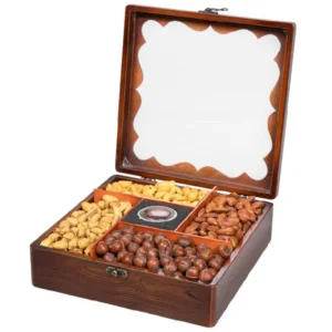 Wooden Mixed Nuts Box Including Pistachios, Tree Almonds, Cashews, Hazelnuts and Saffron